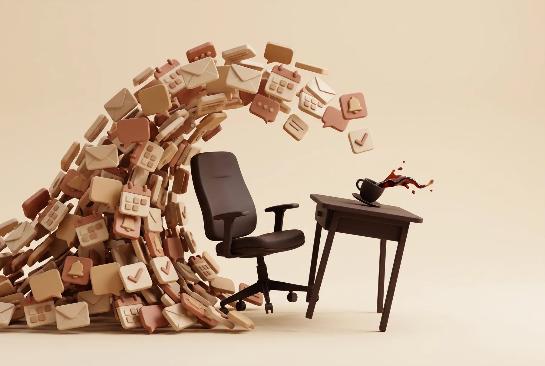 A wave of notifications crashing over an empty desk