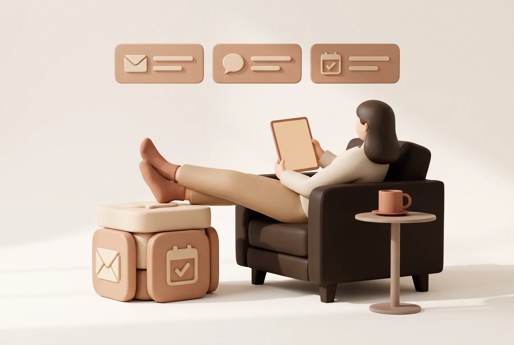 Someone relaxing in an armchair with just three tidy notifications left